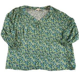 Green Blue Floral Smocked Peasant Blouse Long Sleeve Cottagecore Top 1X